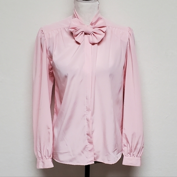 Vintage Josephine Pastel Pink Floral Satin Vest Lavallière Button Up Blouse Set - Picture 11 of 16